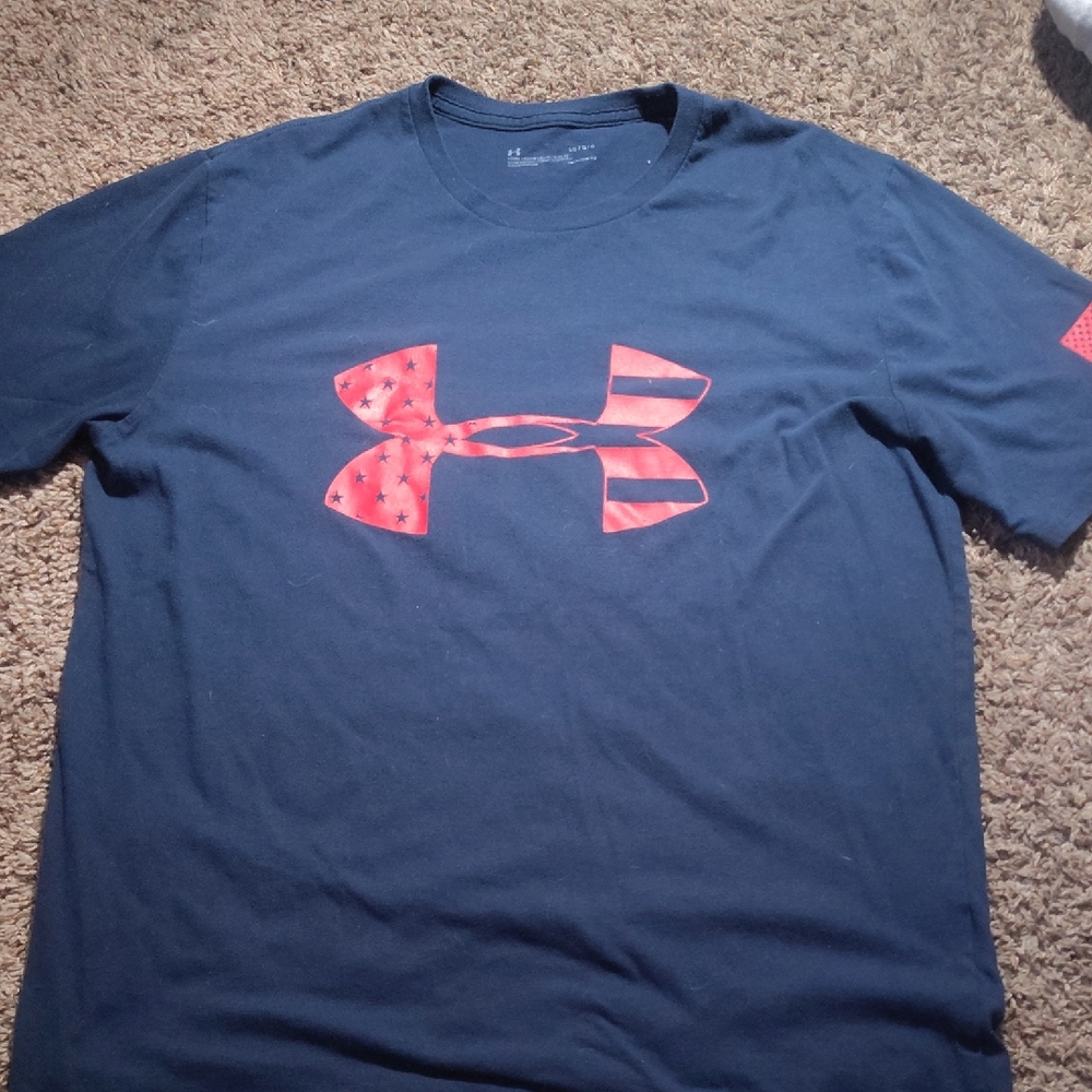 Under Armour Men's Dark Blue T-Shirt with Red Logo